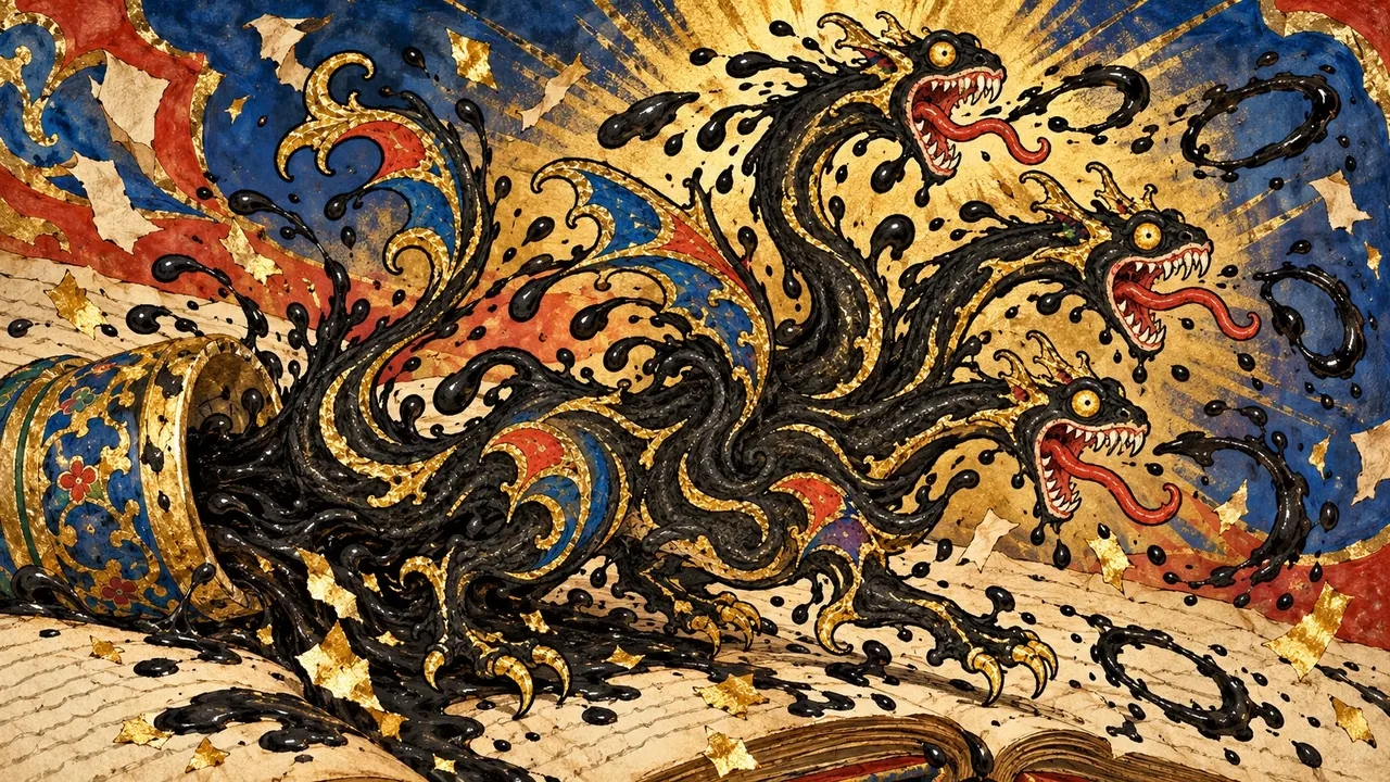 The Ink Hydra, a many-headed serpent of spilt ink, rears out of a toppled inkwell spraying rings of blots.