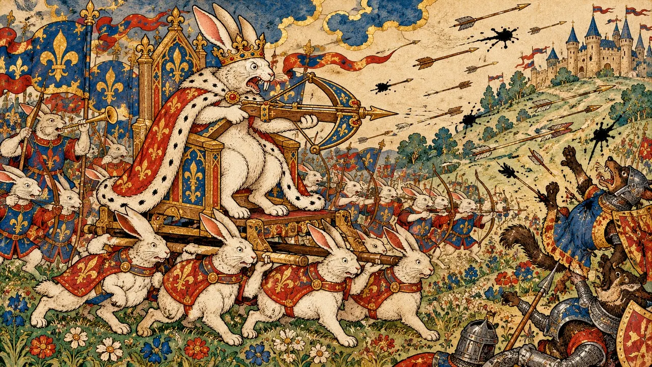 The Rabbit Warlord, a crowned rabbit king carried on a litter by his warren, levels his crossbow as his archers loose a volley.