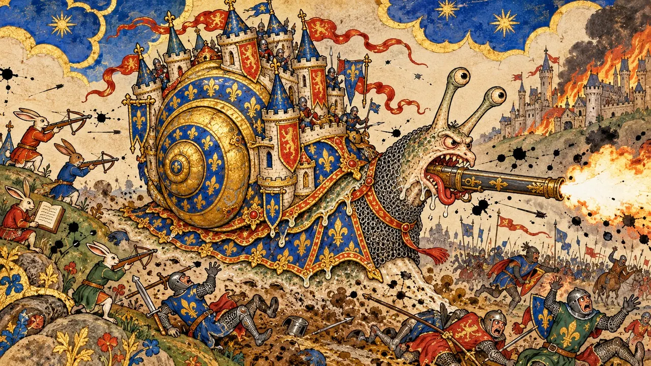 The Great Snail, a castle on its golden shell, fires a gun from its mouth across a battlefield of fleeing knights.