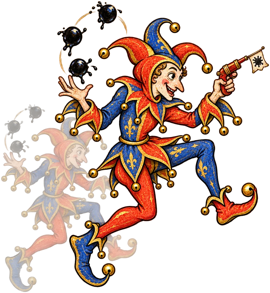 Motley the jester leaps in red and blue motley, juggling ink blots, a ghostly mummer copy behind him.