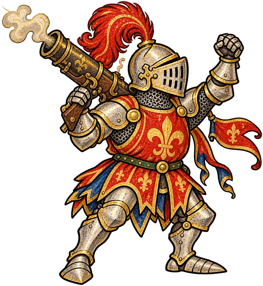 Sir Loin of Beefton in a dented great-helm, a smoking hand cannon on his shoulder, one fist raised in a vow.