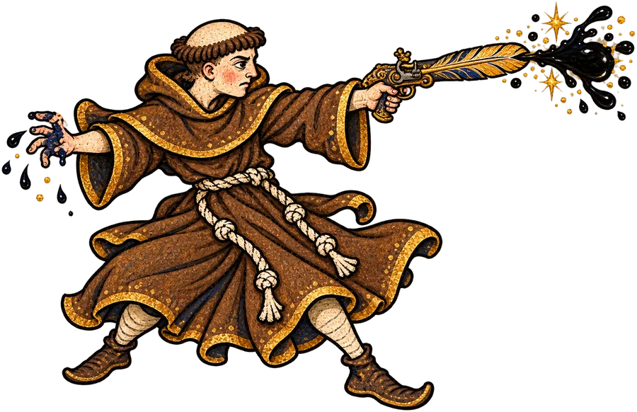 Brother Quill, a young tonsured monk, fires his quill pistol in a spray of ink and gold.