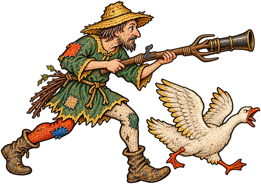 Mudd the peasant strides forward with a pitchfork blunderbuss while his furious goose charges ahead.