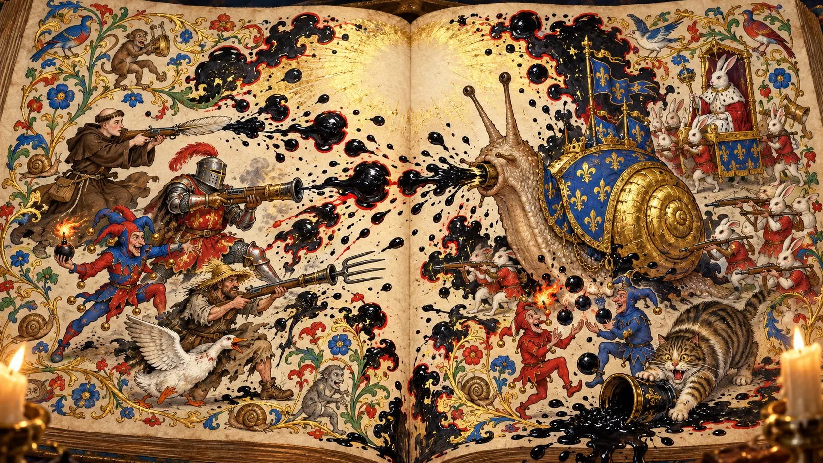 A monk, a knight, a jester and a peasant with an angry goose charge across an open illuminated codex at a giant armoured snail and an army of crossbow rabbits, through a storm of ink blots and gold leaf.
