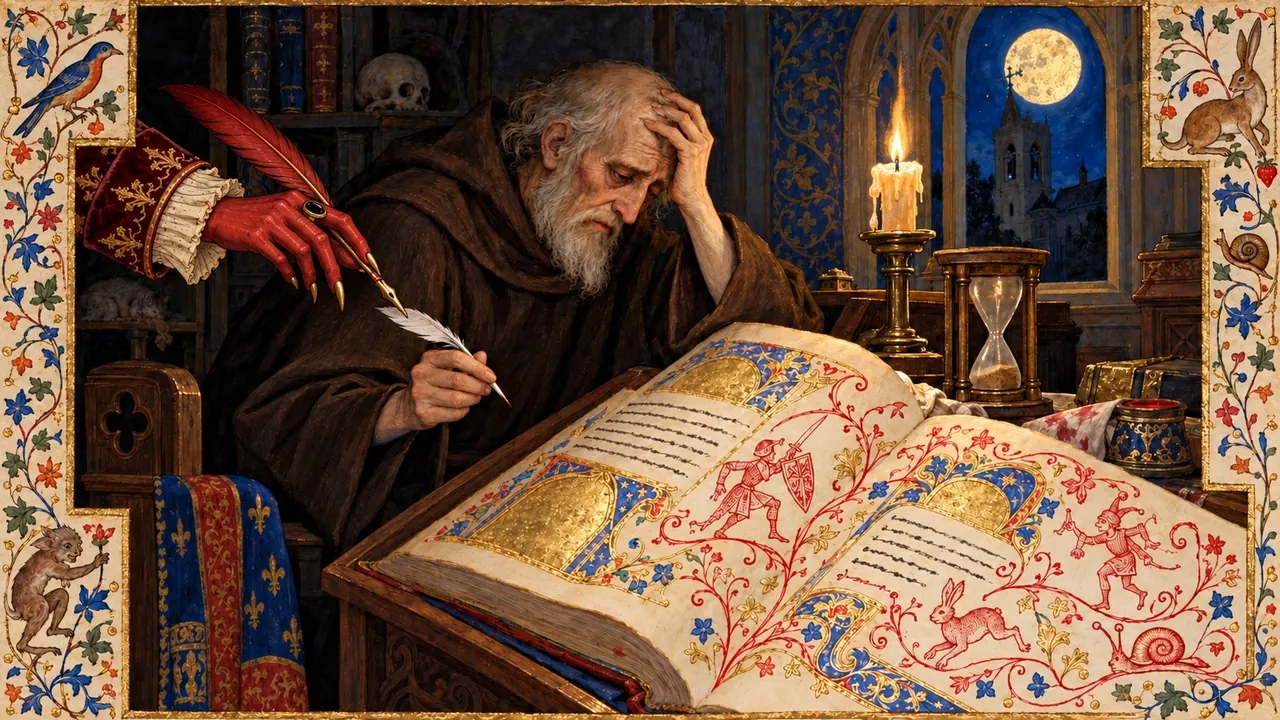 Midnight in a scriptorium: an old monk despairs over a half-finished codex while a long crimson hand with a gold ring reaches from the dark and takes his quill. Red doodles of a knight, a jester, a rabbit and a snail are already coming to life on the page.