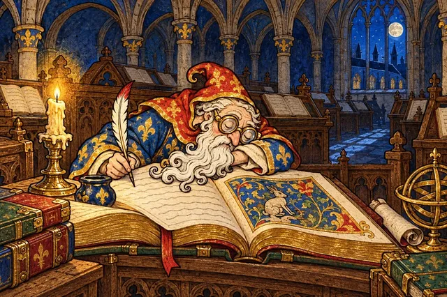 An old monk dozes over an enormous codex in a moonlit scriptorium