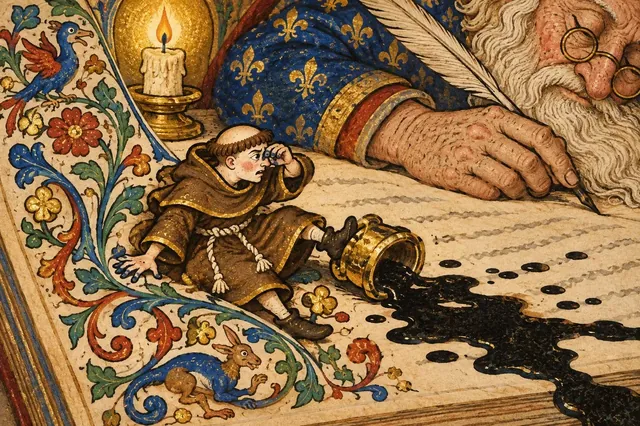 A tiny painted monk climbs out of the margin and tips over the inkwell