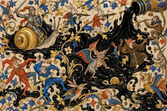 Ink floods the page and the marginal creatures climb out, indignant